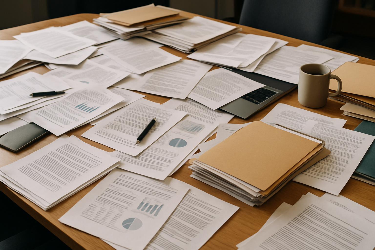desk with a lot of papers on it